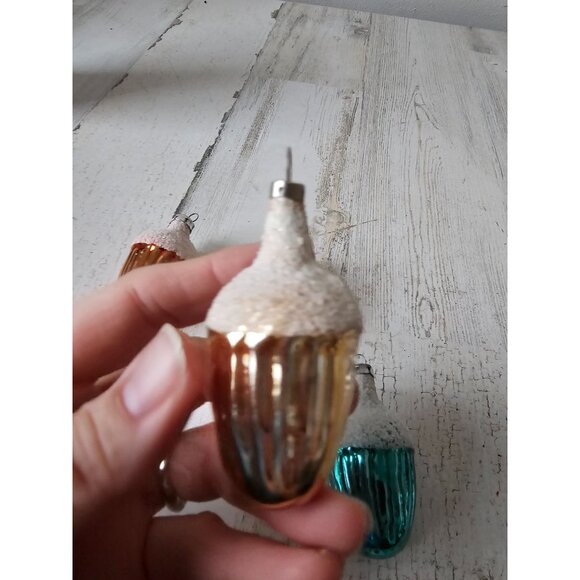 Antique acorn mercury glass ornament flocked set green yellow orange Xmas tree - Picture 2 of 10